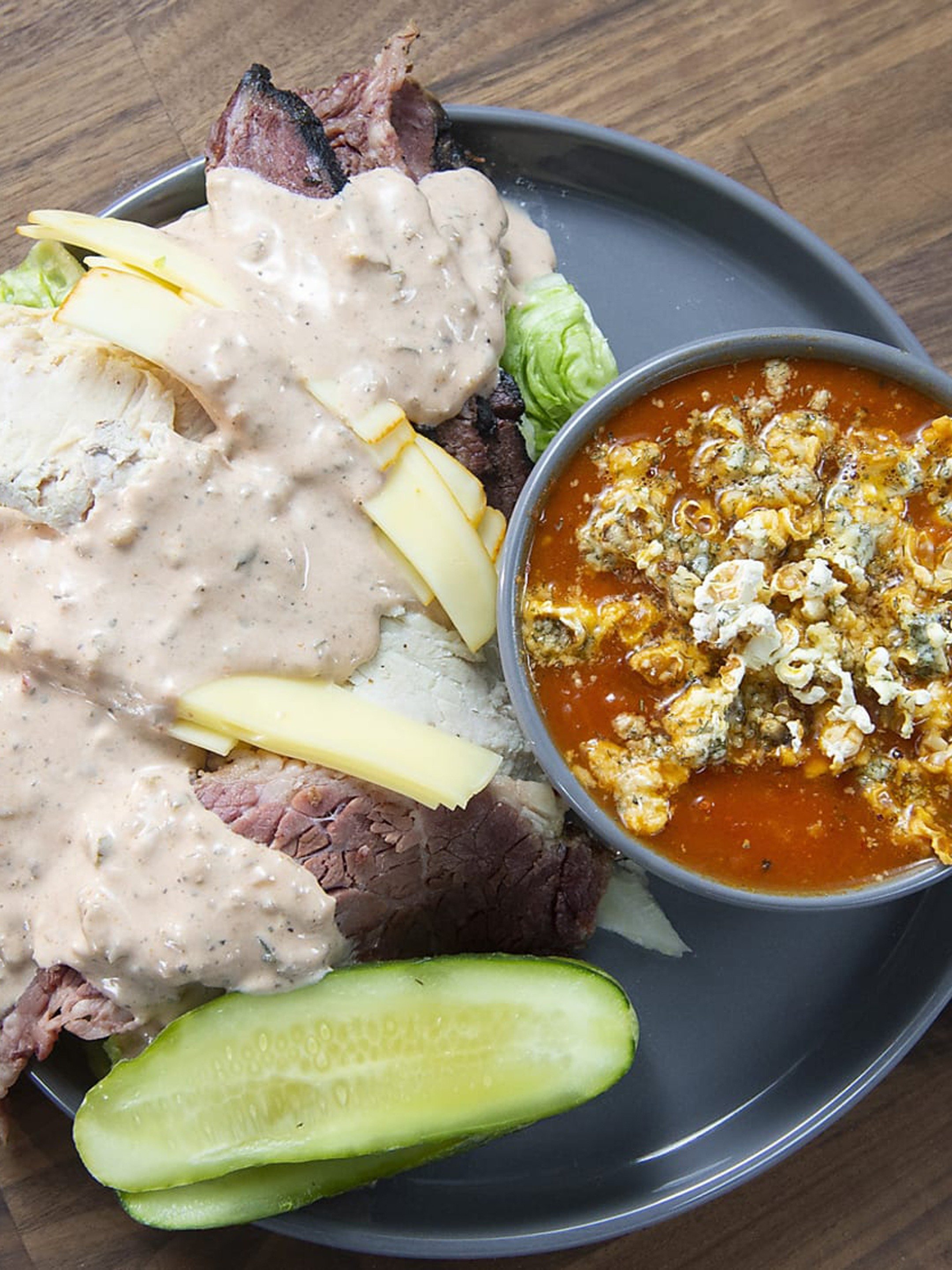 Tomato Soup With Cheddar Dill Popcorn And Reuben Salad Pictures